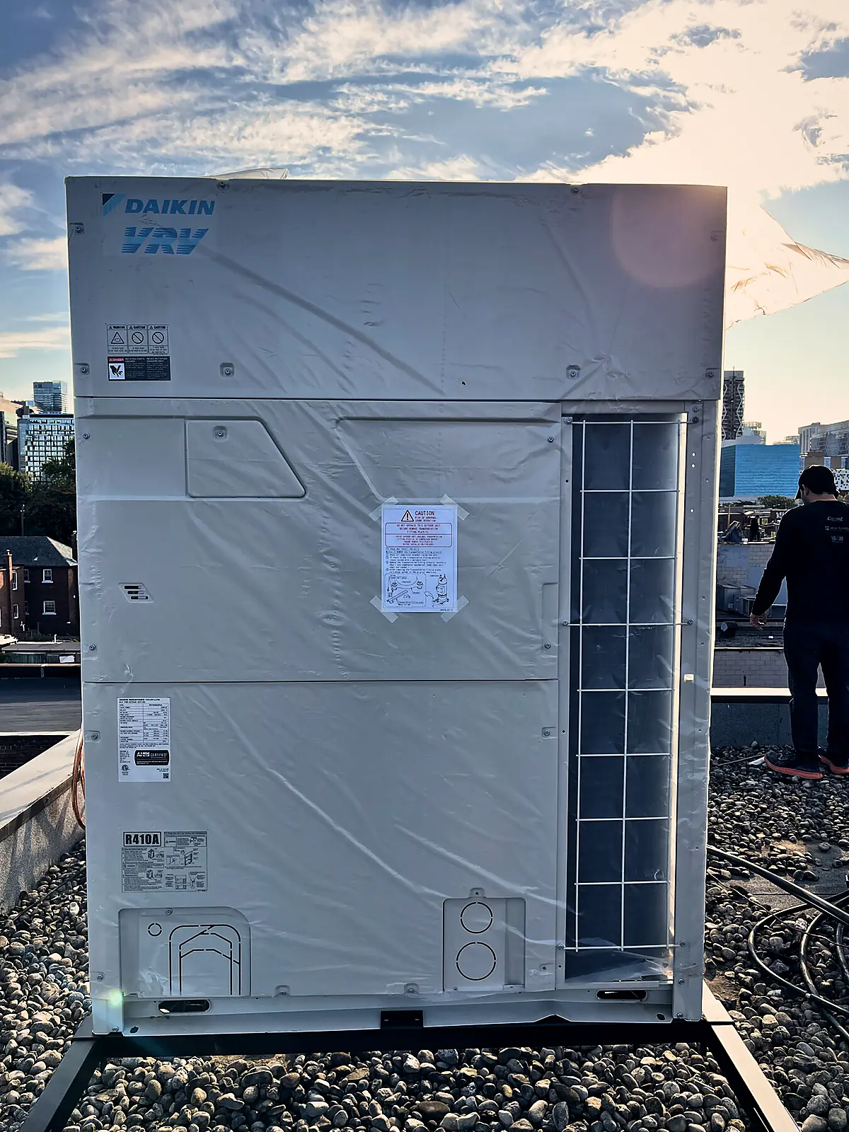 Outdoor unit on a rooftop steel stand